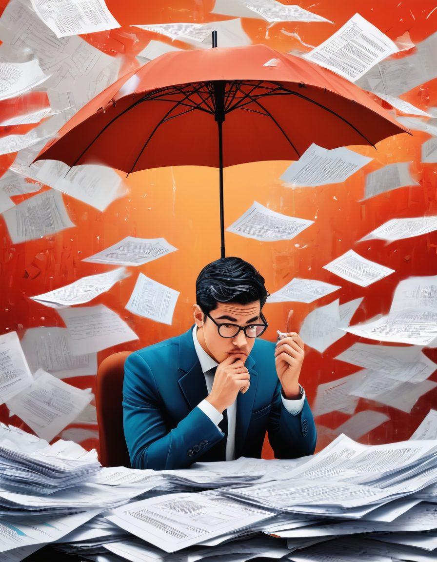 A collage of a frustrated individual receiving unwanted calls, surrounded by legal documents and insurance policy papers, with a protective umbrella symbolizing insurance coverage. In the background, a digital screen displaying declining call notifications. The atmosphere should convey empowerment and resilience against annoyance. vibrant colors. vector art.