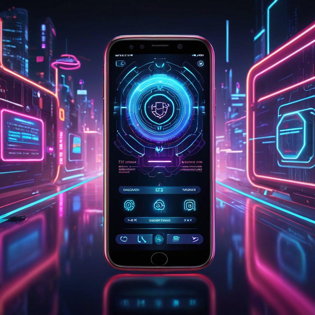 A futuristic representation of a phone surrounded by a shield symbolizing call blocking technology with overlay icons of insurance policies and privacy locks. The background features a calm, digital landscape with abstract data streams symbolizing enhanced privacy. Include a sense of security and innovation, highlighting the importance of call blocking in insurance. vibrant colors. cyberpunk.