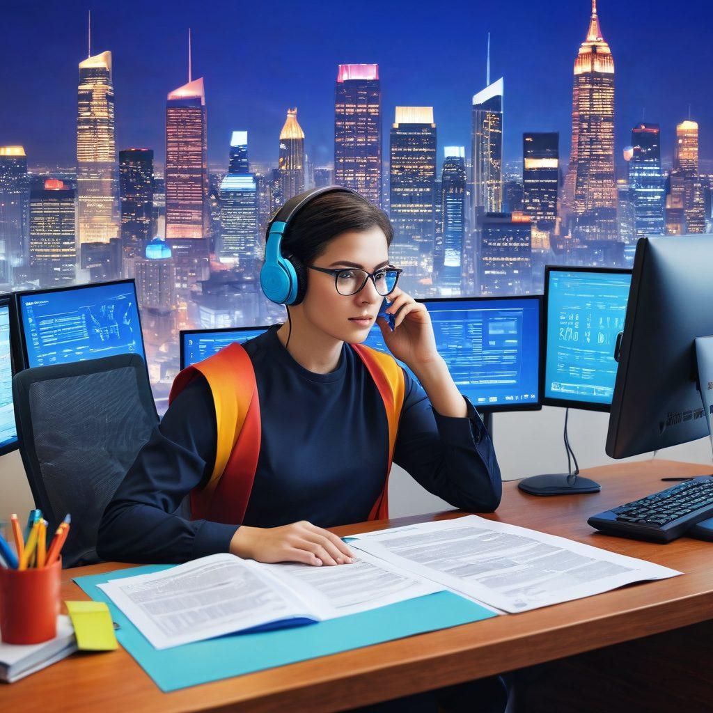 A serene scene depicting a person thoughtfully studying insurance documents, surrounded by colorful telemarketing call symbols that transform into protective shields. In the background, a cityscape symbolizes the constant presence of telemarketing noise, while a calm blue gradient suggests privacy and protection. Emphasize warm, inviting colors to create a sense of security and trust. super-realistic. vibrant colors.